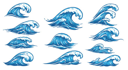 Water wave line art set. Wave beach vector symbol or logo design collection. Abstract water waves see blue vector design elements.
