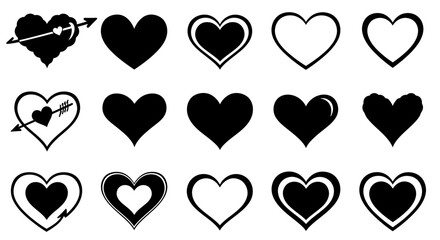 Set of hearts in black color, heart icons set vector, set of hearts different shapes for design. Heart collection. Vector art. Heart, love, romance hearts. Vector icons. Heart love symbol black

