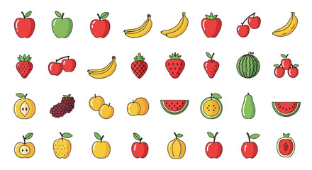 this delightful collection of vector fruit icons features a range of vibrant and fresh designs, including popular fruits like apples, bananas, strawberries, watermelons, and more.