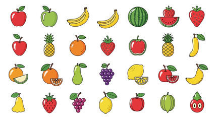 This delightful collection of vector fruit icons features a range of vibrant and fresh designs, including popular fruits like apples, bananas, strawberries, watermelons, and more.

