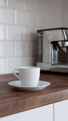 Obraz premium White cup on saucer in Scandinavian kitchen with coffee machine