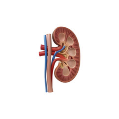 Realistic 3d rendering of a human kidney showing renal artery, renal vein and ureter, isolated on transparent background, perfect for medical illustrations and educational projects