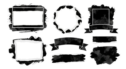 Black paint brush stroke, dirty watercolor overlay texture, grunge design element, box, painted frame, banner clip art and torn paper silhouette collection on white background. Decoration paint brush.