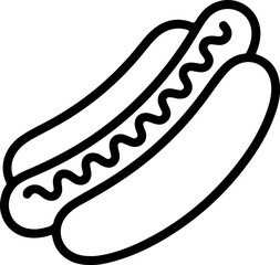 Simple black line art icon of a hot dog with mustard on a white background