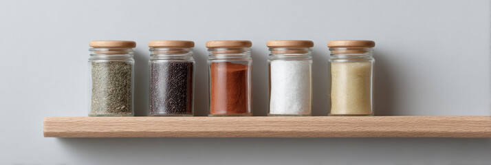 Five glass spice jars with wooden lids on minimalist wooden shelf