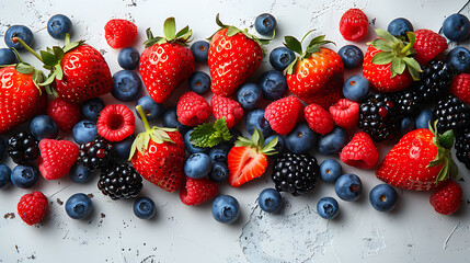 Fresh mixed berries arrangement on rustic white surface