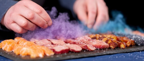 Sliced raw salmon pork and fried potato pieces arranged on a slate with colorful smoke plumes