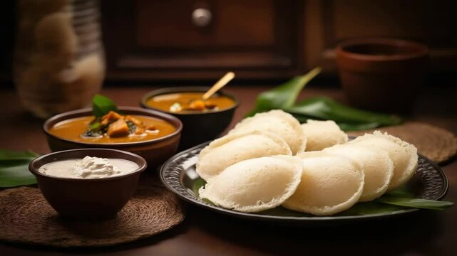 idli and sambar with coconut chutney indian food video
