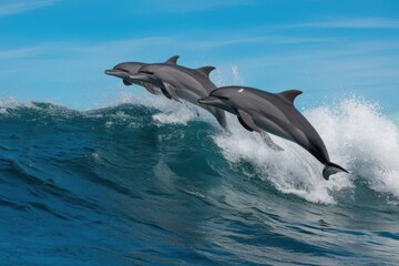 Fototapeta premium Spectacular sight of dolphins leaping out from vibrant ocean waves