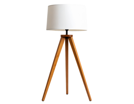 Tripod Floor Lamp with Natural Wood Legs and White Drum Shade, Front Perspective, Transparent Background - Powered by Adobe