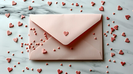 Pink envelope with heart decorations on marble surface