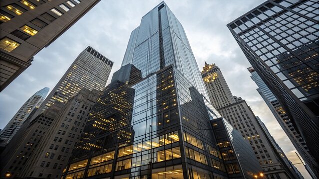 Office skysraper in the sun, Modern skyscrapers in Midtown Manhattan, Office building top view background in retro style colors. Manhattan buildings of New York City center - Wall street
