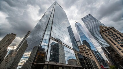 Office skysraper in the sun, Modern skyscrapers in Midtown Manhattan, Office building top view background in retro style colors. Manhattan buildings of New York City center - Wall street