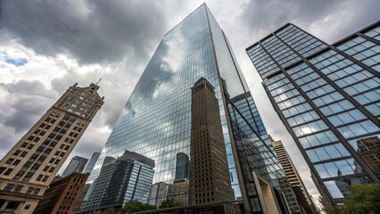 Obraz premium Office skysraper in the sun, Modern skyscrapers in Midtown Manhattan, Office building top view background in retro style colors. Manhattan buildings of New York City center - Wall street