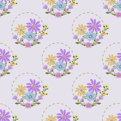 Pastel-colored daisy bouquet in decorative dotted circles, ideal for wallpapers, packaging, and girly designs.
