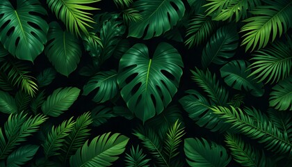Monstera and Tropical Green Leaves in Dark Tones for Elegant Design Backgrounds