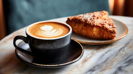Cup of cappuccino next to a croissant or cake on a marble or wooden café table.
Concept: Café culture, cozy lifestyle, and elegant food presentation. Ideal for blogs and branding.