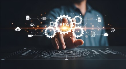 Close-Up of a Human Hand Reaching Toward a Glowing Digital Gear: Symbolizing Robotic Process Automation (RPA) with Data Flows Linking Apps, Databases, and Cloud Systems