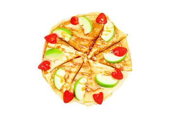a pizza with apples strawberries and caramel