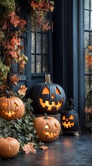 Obraz premium Glowing jack o'lanterns illuminate a spooky autumn night on a bed of fallen leaves, capturing the essence of Halloween.