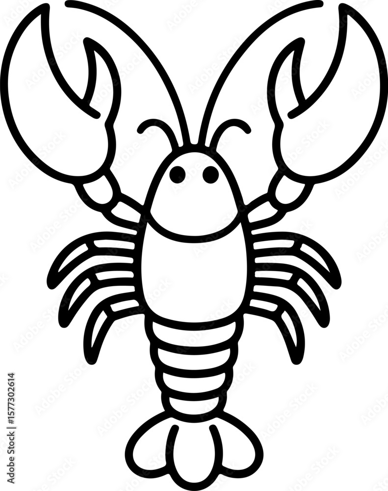 Poster simple black line drawing of a lobster with large claws and segmented tail