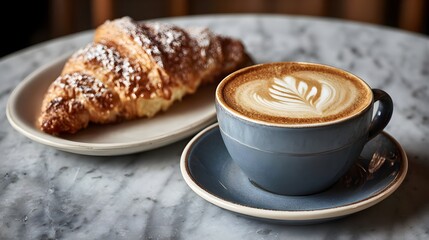 Cup of cappuccino next to a croissant or cake on a marble or wooden café table.
Concept: Café culture, cozy lifestyle, and elegant food presentation. Ideal for blogs and branding.