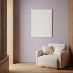 Pastel lavender minimalist lounge with cozy modern furniture, large white photo frame on wall, and warm wooden textures.