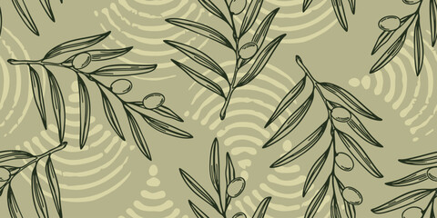 Obraz premium Olive Green Leafy Branches A Seamless Aesthetic pattern