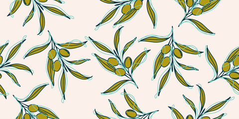 Olive Green Leafy Branches A Seamless Aesthetic pattern