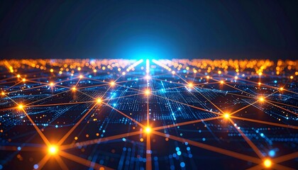 Obraz premium Futuristic Technology – Artificial Intelligence and Data Visualization with Neon Blue and Orange Network Connections.