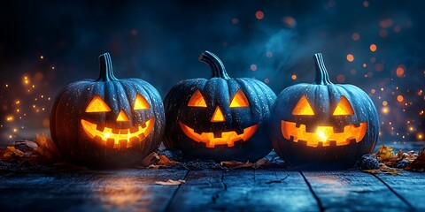 Naklejka premium Spooky jack o lanterns glow warmly on a wooden surface, ideal for autumn harvest and Halloween celebrations