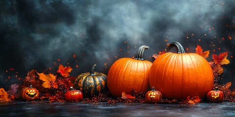 Naklejka premium Autumn harvest celebration features a variety of pumpkins and fall foliage against a dark atmospheric background