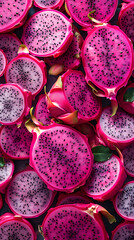 Obraz premium Vibrant pink sliced dragon fruit texture with black seeds