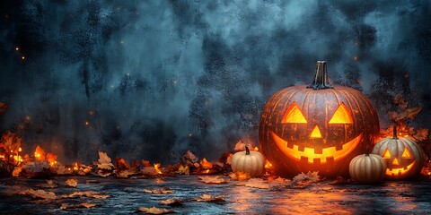 Naklejka premium A festive Halloween scene features glowing jack o lanterns and autumn leaves against a moody, textured backdrop