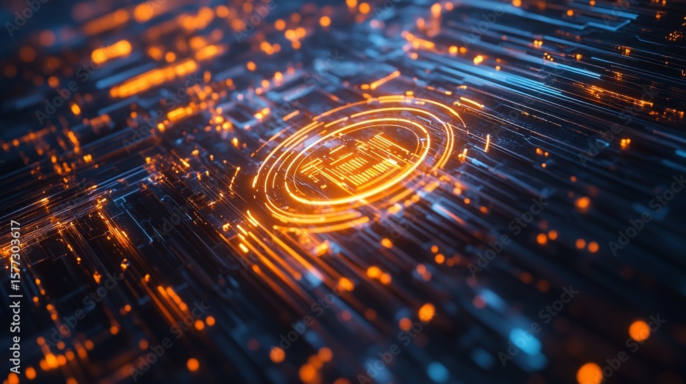 Poster abstract glowing data circuits with orange and blue lights forming a tech background