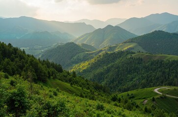 Fototapeta premium Majestic Mountain Landscape Forests and Rolling Hills under Clear Skies