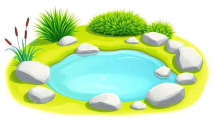 Serene illustration of a small pond nestled amongst rocks and lush greenery.