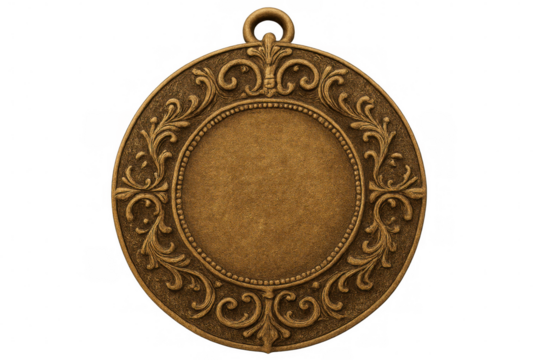 Round bronze medal featuring floral ornaments is hanging, providing copy space on transparent background