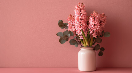 Fototapeta premium Spring vibes bloom in this soft-toned scene where a hyacinth and eucalyptus arrangement adds charm against a pastel pink backdrop.
