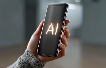 Female hand holding smartphone with artificial intelligence lettering on screen, closeup