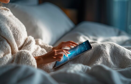 cropped view of woman in bathrobe using smartphone in bed at home
