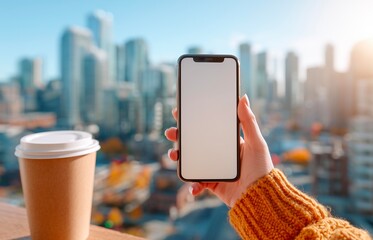 Female hand holding a smartphone with a blank screen and a cup of coffee on the background of the city