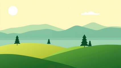 Obraz premium Minimalist landscape illustration featuring green hills, trees, mountains, a lake, the sun, and a single cloud.
