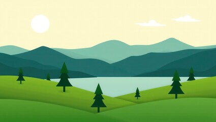 Fototapeta premium A stylized illustration of a tranquil mountain landscape with a lake and rolling hills.