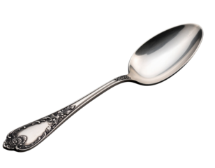Vintage Silver Teaspoon with Ornate Handle Detailing, Side Angle, Transparent Background