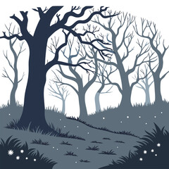 A stylized monochromatic illustration of a dense forest with bare silhouetted trees and a grassy foreground with small white star like flowers and scattered dots