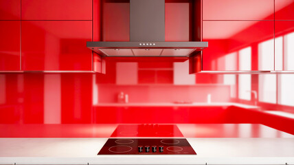 A modern kitchen interior with a bold red color scheme.