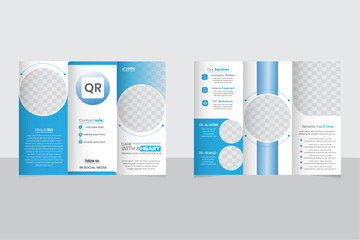 Modern trifold medical brochure design template with a circle-type elliptical blue shape