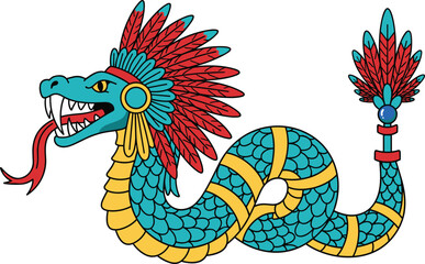 Aztec feathered serpent vector illustration, colorful Quetzalcoatl art, mythological snake god cartoon, ancient tribal design, native Mexican symbol graphic