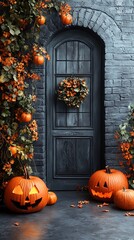 Obraz premium Autumnal scene showcases a glowing Jack-o'-lantern amidst fallen foliage, conjuring a Halloween spirit with eerie bokeh.